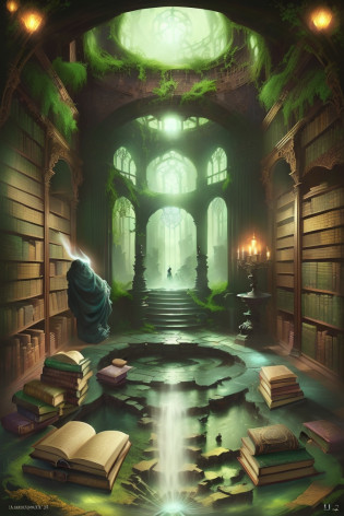 (magic book library:1.3, gothic epic library:1.2, fantasy book illustration:1.2, alchemist library background, ancient library, ruined library concept art:1.1, fantasy role-playing book illustration:1.1)?
	
	((a lot of books:1.2 and a fountain:1.2) room image, (forever library:1.2 with dust flying), (gothic:1.2 and gloomy:1.1) library with unique (library artworks:1.3 and space carriers)?fantasy magic environment,???????)