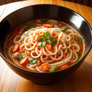 Spicy soup noodles in a large bowl delicious