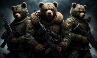 An army of teddy bears, ([uniform | military]:1. 3), (camouflage:1. 2), (serious expressions:1. 2), (weaponry:1. 2), (epic:1. 2), (intricate details:1. 1), (hyperrealistic:1. 1), (cinematic:1. 1), (war scene), (dramatic lighting), (muted colors:1. 2), <lora:add_detail:1>, <lora:epi_noiseoffset2:0. 7>