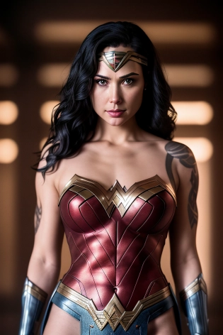 Wonder Woman, happy, tattoo, metal lingerie, (tattoos), (full body visible), looking at viewer, portrait, photography, detailed skin, realistic, photo-realistic, 8k, highly detailed, full length frame, High detail RAW color art, piercing, diffused soft lighting, shallow depth of field, sharp focus, hyperrealism, cinematic lighting