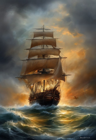 Romanticism, perspective, UHD, masterpiece, best quality,It's a vast ocean?(((dark stormy clouds)))?There is a storm going on here?((Rain cats and dogs))?The monstrous waves rose one after the other?From time to time, a bolt of lightning strikes between heaven and earth?In this unforgiving sea?(((There is a stubborn sailing ship)))?The Great Waves will swallow it up at any moment?But it is undaunted?Still driving in the storm?Sunlight shines through the clouds and shoots several beams?It seems to hint at the arrival of a miracle