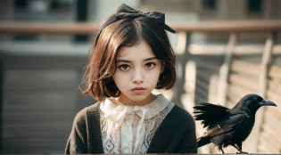 CHILD girl with a black bow and a black dress, girl with dark brown hair, girl with brown hair, black hair ribbons, a beautiful teen-age girl, wearing hair bow, young girl, brown hair and big eyes, half-length photo, photo of young woman, young, beautiful girl, she is about 1 6 years old,  there is a black bird sitting on a wooden rail, long shiny thick black beak, closeup of some crows, cute crows, crows as a symbol of death, crow, crow bird, magpie, crow portrait!!!, black crow, dark crow, is looking at a bird, crows, male, crow, beautiful photo, closeup portrait shot, proud looking away, by Paul Bird