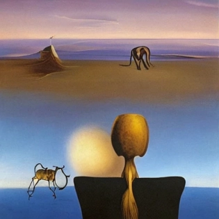 surrealistic salvador dali man overlooking landscape with white elephant at horizon
