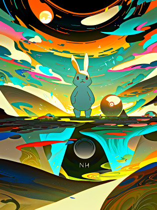 (blame! style abandoned tech landscape), (Zen, Amy Sol style), (like a tunnel that you follow to a tunnel of its own down a hollow in a cavern where the sun has never shone), (abstract anthro rabbit figure wearing bunny ears), cover art with light abstraction, abstract, simple vector art, contemporary Cybernetic art, color gradients, soft color palettes, layered forms, whimsical animation, style Ethereal abstract, 4K, --v6