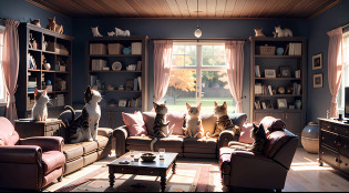 Five cats playing in the living room, detailed background: 1.5, (background with vases, windows, bookshelves, hammocks, recliners, ceiling fans), there is a teenager resting on the recliner, the teenager has a big fan in his hand, the teenager is dressed all over the summer, holding a cat stick to tease the cat