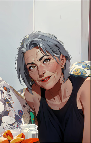 Realistic hirper drawing, Alex Ross style, of a 50 year old woman smiling happily well peteated gray hair sitting on a sofa , Alex Ross style, profile picture, picture of a woman, Alex Ross style