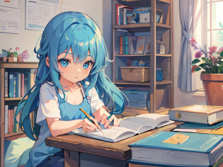 A 5 year old girl?blue  hair?long whitr hair?Wear a blue T-shirt?smallunderboob?Blue-eyed?Sit at a plush bookcase desk?Focus on homework??closeup cleavage?Clear facial features