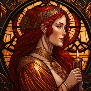 A stained glass picture of a woman holding a candle in art nouveau style| The woman is wearing angelic golden armor and has a beautiful portrait in uhd 4k| She is a redhead queen in heavy red armor and has Celtic art influences| The artwork is highly detailed and saturated
