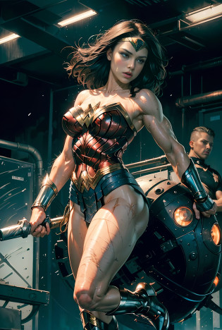 (Masterpiece, Top Quality),1girl ,{{Depth of field}}, Hyper detail, 1woman, (Victoria's Secret Model Wonder Woman), Single, Full Body, (Intricate Details, Makeup), (Delicate and beautiful delicate face, delicate and beautiful delicate eyes, face with perfect proportions), High-detail skin, delicate skin, Best proportions Four fingers and one thumb, strong and realistic blue eyes, realistic black hair, lips, makeup, natural skin texture, tiara, leotard, bulletproof cuffs, red boots,  (public clothing:1.3), slightly sunburned, mature, sexy, elastic muscles, (muscles:1.3), ((strong and healthy body)), (((((more) muscles))), wet body, wet hair, long legs, curved, thick thighs, wide buttocks, thin legs, (big breasts: 1.2), thin waist, soft waist, (delicate skin), (wet body: 1.0), (beautiful and sexy woman), (swollen lips: 0.9), (eyelashes: 1.2), very delicate muscle definition, LED panel lights arranged in a square shape to mimic existing indoor fixtures,  A dystopian ghetto controlled by local gangs armed with hacked police weapons such as EMP blasters and taser shotguns, ((top quality)), ((masterpiece)), ((realistic)), (detailed), cinematic lighting, complex, high detail, sharp focus,