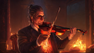 Arafad image of a man playing violin in a dark room, fantasy violin, Kerem couplet, Just the art of dark metal music, dark but detailed digital art, 8 0's style Thomas Allen Kopera, (fantasy violin), Tomasz Alen Kopera and CGsociety, dramatic artwork, stefan gesell, author?Slawomir Maniak