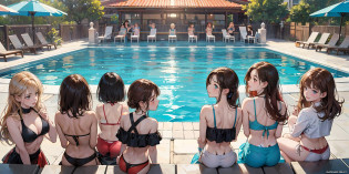 {{Teenage female, caucasian, hundreds of girls, thousands of girls, multiple girls, many girls, only girls, crowd shot, girls are friends}}, looking at viewer, hazel eyes, extremely detailed, brown hair, blonde hair, red hair, black hair, {{blue bikinis, matching bikinis, identical bikinis, same color bikinis}}, pool, pool party, crowd of girls, girls partying, happy, best quality, high quality, extremely detailed anime screencap, brainwashed girls