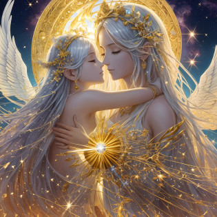 Ultra realistic image, 8 k, cinematic, exuberant, paradisiacal scenery, mystical and celestial beings. In the majestic light and dense darkness,
Resides the duality that the world carries,
The contrast of dawn and terrible pitch,
It reveals the beauty that in every moment was born.

In the warm moonlit night, unparalleled charm,
The silver moon illuminates the celestial veil,
And in the sun from dawn to dusk at dusk,
Life is awakened, a cycle to be followed.

Each golden, brilliant and unique soul,
It reflects the divine, sublime and mystical light,
But true love has its price to pay,
The mourning, the pain, for the death that love must face.

But beyond time, beyond the finitude that is seen here,
Eternity awaits us, in the blossoming paradise,
Streets of gold, crystal sea, unparalleled glimpses,
Where good prevails over evil.

In the pure heart lies salvation,
A journey of faith, love and redemption,
And in the ceaseless search for true peace,
We find the hope that never undoes.
Encounter at last, celestial spark, Divine spark. 
Light that shines like flame 
Makes the golden soul burn 
And eternal life translates to the heart of the child who still loves since he was a child! --auto --s2