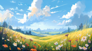 um campo com flores e nuvens ao fundo, paisagem campestre anime, uma bela paisagem, Arte de fundo, arte de fundo do anime, Campo exuberante, paisagem ensolarada, Fundo bonito da paisagem, fundo da paisagem, paisagem brilhante, arte de fundo, paisagem arejada, bela paisagem, papel de parede de paisagem, fantastic landscape, scenery artwork, beautiful summer scenery, landscape illustration, paisagem da natureza, papel de parede de paisagem anime, super detalhado, HD