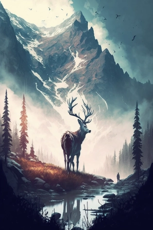 Majestic mountains, a deer, the last of us theme, zombies.