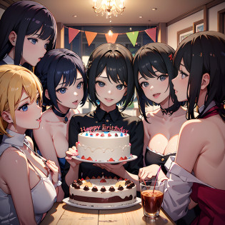 5girl, birthday party, orgy, all , sex, lesbians, black hair, birthday hats, latinas, sexy poses, cake, Chao's, kissing lips, birthday background, far away, blond hair, birthday cake, photo next each other, table with cake, birthday theme, all smiling,feeding cake, smiles