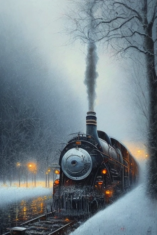 mdjrny-v4 style, locomotive, rainy day, oil painting, intricate artwork by jeff rowland