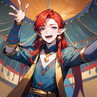 young man, (((male))), (((man))), (((one person))), ((single)), ((solo)), (((very pale skin))), ((pale skin)), (((red hair))), ((red colored hair)), (((grey colored eyes))), long hair, slim body, ((flat chest)), ((wearing fantasy clothes)), ((fantasy style)), (((dark blue clothes))), (((dark blue colored clothes))), ((black colored clothes)), ((golden details)), (((patterns on clothes))), (((fantasy patterns on clothes))), (((magical patterns on clothes))), (((wearing golden accessories in his hair))), (tiny gemstones accessories), ((golden jewellery)), ((pointy ears)), (((grey eyes))), smooth skin, ((stars decoration)), (sun moon decoration), ((male face)), smiling, (((circus tent in the background))), ((circus in the background)), ((carnival in the background)), (((standing in the arena of a circus tent))), ((standing in the spotlight)), (((welcoming gesture))), ((open arms))