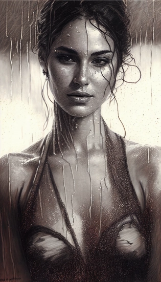 Masterpiece three quarter portrait of stunning brunette babe wearing a very low cut v neck lace dress that barely covers the skin, she stand in the rain, completely wet, water dripping through her face, cinematic lighting, Graphite pencil with iridescent oil wash, hyper-realism, hyper-detail, chiaroscuro, sepia monotone --ar 9:16 --c 10 --s 50 --v 4