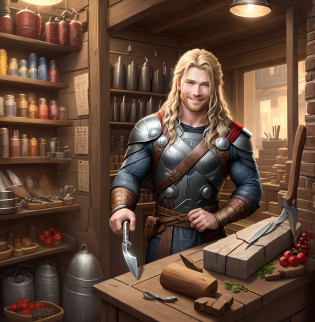 Thor,realistic thor,selling iron materials(knife,hammer,muli,pliers),in blacksmith shop,smiling,nightmarket,8k,one thor,one man