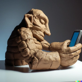 A three quarter view of a clay Golem using a smartphone, hyperealistic studio lighting