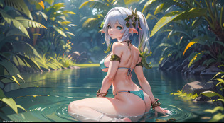 Nahida Genshin Impact, Iwhole body, (NSTDA.:1.2), (10, beste-Qualit, master-piece: 1.4), ultra-high resolution, (realistic, photorealistic: 1.48), Cute Girl 25 years old , ( Beetle Micro see-through bikini:1.11), famous Japanese actress, blue eyes, head tilted, cowboy shot, from the side, looking at viewer, emotionless, beautiful river in the forest, Zeiss 150mm F/ 2.8 Hasselblad, whole body, feet, ultra wide angle