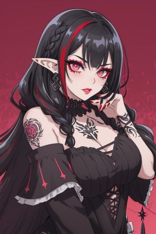 a [goth |barbarous |mysterious] [mature |young] gothic female with [curvy |thick |tone |curvy |thick |muscle] figure wearing [goth clothes | western clothes |intricate clothes |corset |loose sleeves] mix [dress |frill dress |indicate dress |belt |frill |cotton dress |short dress] and [lustful eye |creepy eyes |beautiful eye] red iris mix [lush lips | perky lips] and with white and black hair mix with light blue streaked hair, long hair [ hair over eye |braid | wavy hair] mix [messy hair |curly hair |messy hair] and [pointy ear |elf ears |long ears] and [star print |flower print] on clothes and wearing [make up |scaly | jewelry] , intricate tattoos, ((asymmetrical pose)), make up, blush, chromatic aberration, illustration,