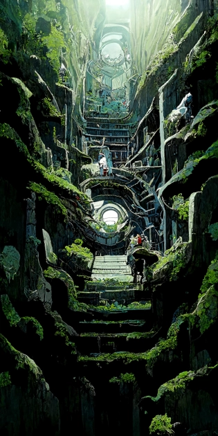 ancient Labyrinth staircase::1 incredible, anime, Digital 2D, animated by Kyoto Animation, KyoAni, Studio Ghibli, Miyazaki, Nausicaa, animated by Madhouse INC, ????WHITE FOX, by Studio Trigger, by Laurie Greasley::2 designed by Tsutomu Niehi, Yuta Nakamura, Yoji Shinkawa, landscape, beautiful, gorgeous, dramatic lighting, rule of thirds, perfect composition, trending on ArtStation, 8k --w 1200 --h 2400 --no human --no person --no blur --no blurry --no dof --fast