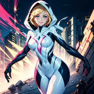 highres, highest quallity, illustration, ultra detailed, cinematic lighting, best quality, hyper detailed, masterpiece,1 spider-gwen girl, blond shaved sides hair, blue eyes, smile, solo, spider-gwen suit, spider gwen mask, hood, medium breasts, light rays, (colorful), (standing:1.2), cool tones, night time