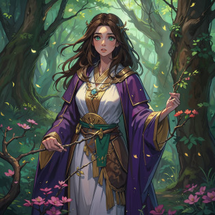 A beautiful woman with green eyes and brown hair, Ella es una hechicera bruja, wearing white and gold robes, Noble robes, Una princesa de magia y una mirada cansada;, ((Enrojecida)) Fondo del bosque, de noite, uma floresta horripilante, trees with branches. Leaning against a tree, Bosque con niebla. Un arte para un RPG Un arte medieval para RPG ((con escote)) sexy
