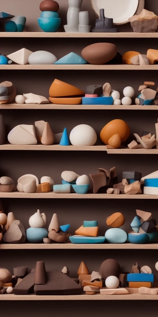 ceramic shapes photo setup in a close knit pattern setup in a photo studio, orthographic, trending on artstation, highly detailed, bright earthy colors, abstract weird shapes, stacked, more entropy, glazing