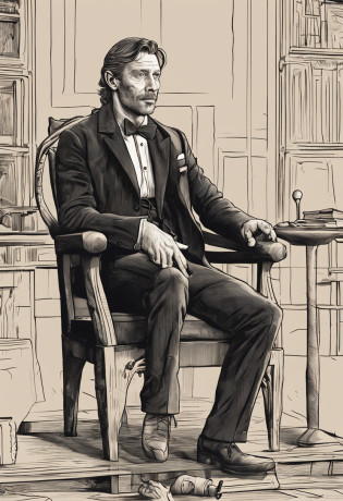 O homem de Arafeld sentou-se em uma cadeira na sala escura, Mads Mikkelsen, Mads Mikkelsen fumando cigarro, usando gola alta e jaqueta, fotografia editorial, O estilo de Greg Rutkowski, autor?Adam Sachs, Photo Session, O estilo de Ian Hubert, Aiden Gillen, Inspirado em Alaskair Grant Taylor, inspirado em Harrington Mann, autor?John Murdoch,Segurando uma raquete de badminton,Dentro de campo