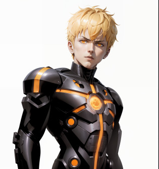 (genos of one punch man), ((stripes of heat by the body, energy core in the chest, yellow, orange, heat)), (dark stainless steel)