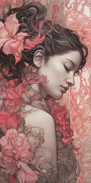 A charcoal drawing of a contemplative woman with a flower in her hair, Emily Ratajkowski, inspired by Gustav Klimt, Art Nouveau, Alphonse Mucha, shades of pink, red, and gold, intricate details of swirling patterns and vines, expressive and emotive, figurative art