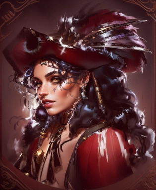 there is a woman with a feather hat and a necklace, pirate portrait, detailed character portrait, portrait of a dnd character, portrait dnd, beautiful character painting, dnd character art portrait, pirate woman, character design portrait, character art portrait, female pirate captain, dnd portrait, stunning character art, painted character portrait, fantasy character portrait, dnd character portrait, a character portrait