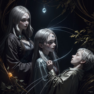Masterpiece, best quality, MTSpider V4, (((1 young innocent boy)), HDR, very detailed eyes and face, goth, solo, white skin, long hair, beads, japanese clothes, white kimono, silk, stone, forest, northern lights, spider silk, (glowing metal objects hovering in the air and encircling him: 1.2), (arcs and sparks: 1.2), (energy flow: 1.2), (translucent magnetic field lines: 1.2), (gold, silver gray and shimmering light effects: 1.2), horror art, fear, unified 8k wallpapers, ultra-detailed, beautiful and aesthetic, masterpiece, the best quality, deep and rich black shadows, mother earth, smiles, enchanting whimsical fantasy forest background, happiness, enchanting atmosphere, very detailed, dynamic angles, cowboyshot, most beautiful chaotic forms, elegance, fauvist design, bright colors, romanticism, by James Jean, Robbie Devi Antonio, Ross Tran, Francis Bacon, Michal Mlaz, Adrian Ganey, Petra Corright, Gerhard Richter, Takashi Yamamoto, Ashley Wood, Atmospheric
