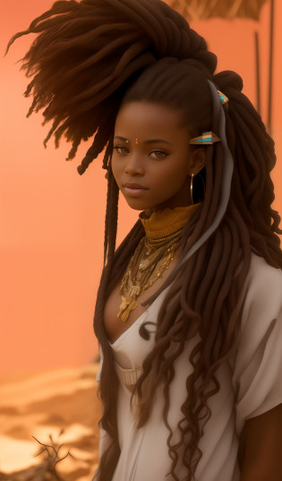 Araffe mulher com dreadlocks tocando um DJ no deserto, Princesa Africanoa deslumbrante, long black braids, tons vibrantes, dreadlocks longos, mulher linda, beautiful city black woman only, rabo de porco colorido, linda mulher bonita, deusa bonita, Rainha Africanoa, futurista himba adolescente, Princesa Africana, gorgeous female, beleza estonteante, Princesa negra Africanoa, Africano