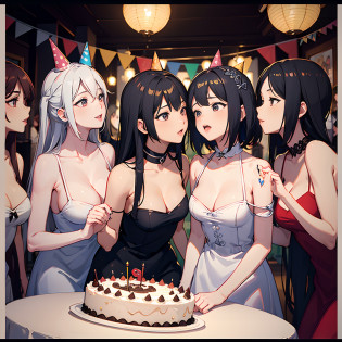 5girl, birthday party, orgy, all , sex, lesbians, black hair, birthday hats, latinas, sexy poses, cake, Chao's, kissing lips, birthday background, far away, blond hair, birthday cake, photo next each other, table with cake, birthday theme, all smiling,feeding cake, smiles