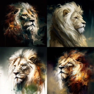 a image of a fearsome lion with white furry manes:: side-ange, medium-full shot, Painted by Affandi --v 4 --seed 1486121089
