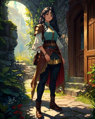 RPG fantasy portrait of a cute young female adventurer, with wavy black hair, with dark tan complexion, with big pretty brown eyes, looking friendly and smart, wearing a thick leather belt with many pouches, standing confidently, wearing a long loose fantasy tunic, wearing cloth tights, wearing leather armor, with wide hips, fantasy genre, UHD, HDR, 8K, (Masterpiece:1. 5)Model: Dark Sushi Mix - Mix