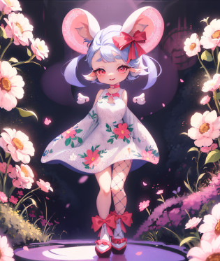 There is a cartoon mouse with a bow on her head, loli in dress, beautiful mouse - girl, full body adoptable, Cute anime waifu in a nice dress, full body portrait of a short!, Wearing a flower dress, mouse in clothes, character adoptable, original chibi bunny girl, elf girl wearing an flower suit, fully body photo, !!Full body portrait!!