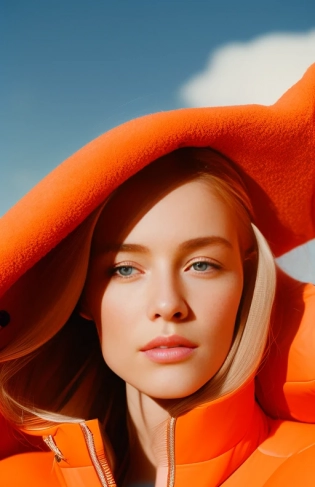 mdjrny-v4 style (a beautiful Dutch blonde girl : 1. 3), ((girl in a 70�s)), eye level, no glasses on, ((detailed face and eyes)), mountain top diner, tea on the table she is sat at, during a break from skiing, ((wearing orange ski jacket)), reportage shot, Nikon d850 4 kodak portra 400 camera, f1. 6 lens, hyperrealistic texture, retro camera