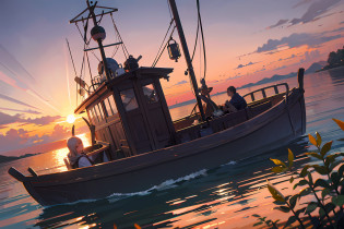 Alone on a small boat?Sunset?Fully loaded