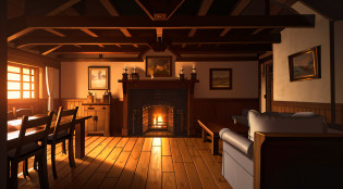 interior of a cottage, night, Symmetrical Camera Framing, Table in the center, Wide Camera Shot, Chimney in the center background ((masterpiece))