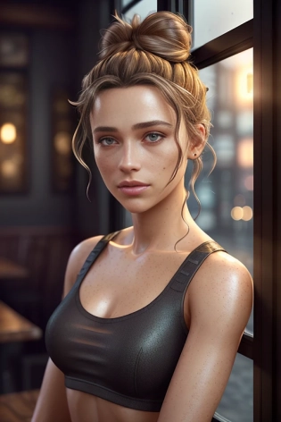 photography of a middle aged girl, moody, dark, ((midnight)), tavern pub (rainy) windowside background, freckles, camera centered body, (hazel eyes), erotic yellow laced crop top t-shirt, ultrarealistic hair, with ((messy bun hair)), soft shadows, a photorealistic, 3d render, cgi, symetrical, (intricate details:1. 12), hdr, (intricate details, hyperdetailed:1. 15), (natural skin texture, hyperrealism, soft light, sharp:1. 2)