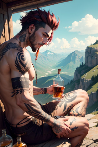 A funky tattooed man sitting on a mountain top and having whiskey, whiskey bottles, birds