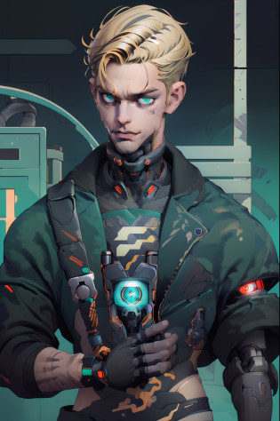 (absurdes, ah high, ultra detialed), 2D, ciberpunk, (1 male), ??, youth, grown up, Young guy, ah high, wide shoulders, beutiful, blonde man, extremely short hair, Undercut, dark green eyes, Shaved side with patterns, forehead, angular jaw, European, Thin neck,  ciberpunk, upper-body, The entire upper body is visible, turtleneck top, gaze at the viewer, stands upright, You can see the entire upper body up to the waist, ((Cyber Eye, Metal Eye, cybernetic, Jawless,)) ear piercings