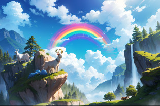 Fantastic animals, rainbow magical goats, goats with stripes in rainbow colours, climbing a mountain with a magical forest, blue sky with white fluffy clouds. Illuminated by soft sunlight.