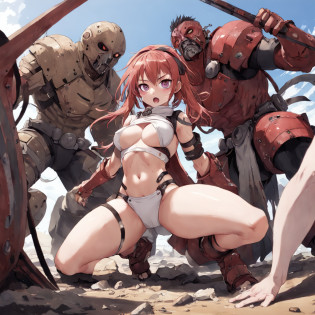(Perspective),(Low Angle),((Comics)),(Masterpiece))), (((Best Quality))),((((Bare loincloth lifted up)))),((Ultra-detailed)), (highly detailed CG illustration), ((extremely delicate and beautiful face))),(masked), cinematic light, absurd clothing, (((girls in battle stances))) (full-length)), (masterpiece:1.2), ((Best quality:1.3), ((Multi-character combat))),(CHARACTERS OF THE POST-APOCALYPTIC WASTELAND WORLD)))), (CHARACTERS  WANDERERS-RAIDERS)))), ((Mad Max's concept))))), (beautiful face)), ( beautiful anime eyes of characters))) , ( high-quality anime eyes of characters), (((( high-quality anime pupils)), ( beautiful anime pupils)), (( beautiful shape of anime eyes)), (( beautiful shape of anime pupils)), (( all faces with anime eyes)), ( simple anime eyes of characters))))) ,( without panties)))), wet skin, water, ((( very fighting pose))), (( very torn clothes))), atmosphere  post-apocalyptic world, (((pulling on clothes))), (((bare torn clothes))))), ((eyebrows)))), ((mouth ajar))), (adult characters), ((character with red hair))), (open mouth screaming))), (angle from the ground to))), (naked)))), (pose jumps and runs)))) , (art in dynamics)))), (chase at high speed)))), (perspective from bottom to top))), ((big breasts)), (anatomy in perspective)))), (jumps))), ((naked)))), (not naked)))), ( bare chest is larger than the joint))), (( very red  blush on the cheeks)))), ((background in the store of loincloth white bandages)), ((very embarrassed and red faces of girls)))), ((jumps)), ((naked shameful bandages)))), ((((absolutely without panties))))