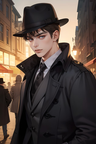 masterpiece, best quality, realistic, 1man, mature male, quiet and charming young man, 25 years old, close his eyes, serious look, extremely detailed face, ((dark grey eyes)), ((short-right-swept dark brown hair)), [thick eyebrows], detective, int the city, ((Dressed in a classic overcoat and fedora hat)), cinematic lighting, looking at the audience, posture dynamics,