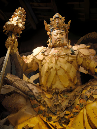 A statue of Arafeld of a man wearing a crown and a sword, a massive celestial giant god, japanese god, the god emperor of mankind, asura from chinese myth, Guan yu, inspired by Sessh? T?y?, asuras giant yaksha statues, Chinese mythology, legendary god holding spear?irate